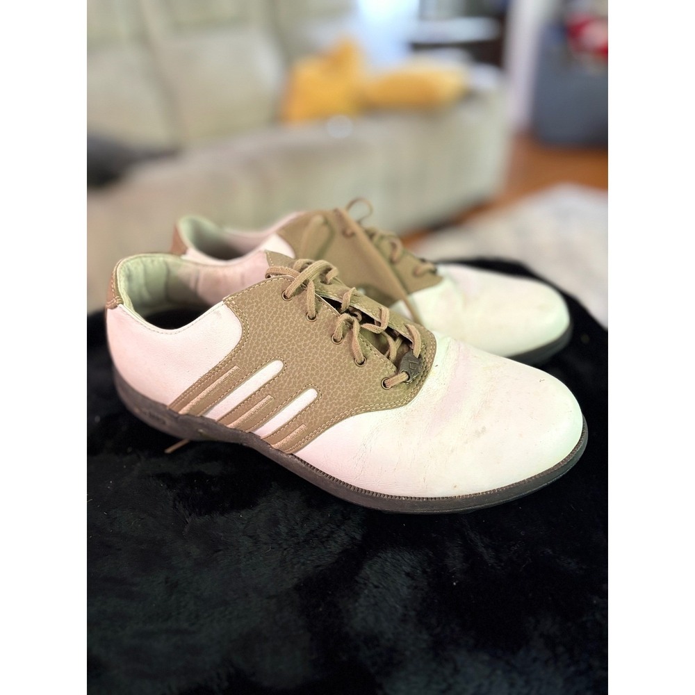 Adidas AdiPrene Golf Shoes Mens 8 White Tan Leather Cleated Traxion 678082
